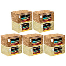 Deals, Discounts & Offers on  - Heart Home Metalic Printed 10 Piece Non Woven Fabric Saree Cover Set with Transparent Window, Extra Large, Gold & Beige - CTHH22826