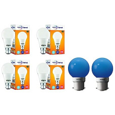 Deals, Discounts & Offers on  - wipro Garnet Base B22D 10-Watt LED Bulb (Pack of 4, White) Glass Safelite N10004 B22 0.5-Watt Led Night Lamp (Pack Of 2, Blue)