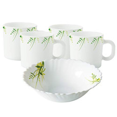 Deals, Discounts & Offers on  - Larah by BOROSIL Hub Opalware Snacks Set (White, Green) - 5-Pieces
