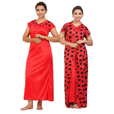Deals, Discounts & Offers on Women - Fabme Women's Satin Printed Two Piece Nighty (Heart and Polka Dot Print) (Bust Size 38