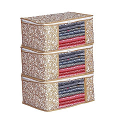 Deals, Discounts & Offers on  - Perpetual Saree Organizer For Wardrobe - Foldable Saree Covers With Zip, Multipurpose Storage Bag For Suit, Lehanga, Dress Packing With Transparent Window Pack of 3 Pcs. (Beige)