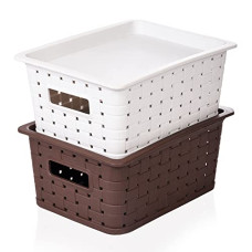 Deals, Discounts & Offers on  - Kuber Industries BPA Free Attractive Design Multipurpose Small Trendy Storage Basket With Lid|Material-Plastic|Color-Brown,Grey|Pack of 2
