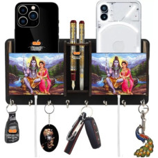 Deals, Discounts & Offers on  - Heritagecrafts Shiv Parvati Wooden 2 Pocket Mobile and Pen holder 8 Hooks Wood Key Holder(8 Hooks, Brown)