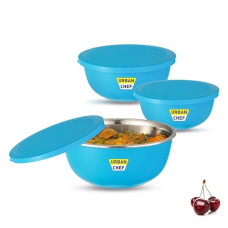 Deals, Discounts & Offers on  - URBAN CHEF Microwave Safe Bowl | 1 Year Warranty | Kitchen Accessories Items, Bowl, Mixing Bowl, Serving Bowl with Lid, Set of 3, 500ml, 800ml & 1250ml, Serving Bowl, Flora Stainless Steel - Blue