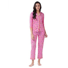 Deals, Discounts & Offers on Women - [Size XL] Miss Chase Women's Pink Printed Cotton Relaxed Fit Collared 3/4th Sleeve Regular Length Night Suit Set