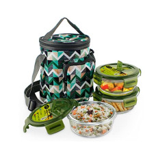 Deals, Discounts & Offers on  - Home Puff Borosilicate Glass Lunch Box -Microwavable, AirVent Lid, Premium Carry Bag (Round 400 ML, Set of 3, Green)