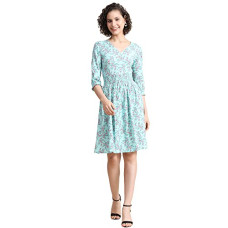 Deals, Discounts & Offers on Women - [Sizes XS, M, L, XL] KERI PERRY Women's Sea Blue Georgette Floral Printed Flared Western Dress