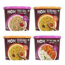 Deals, Discounts & Offers on  - MOM - Meal of the Moment, Instant Meals Pack of 4 Veg Biryani with Shahi Gravy, Fried Rice with Schezwan Gravy, and Red Thai Curry Rice - Ready to Eat | Instant Food | No Added Preservatives