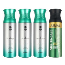 Deals, Discounts & Offers on Beauty Care - Ajmal 3 Raindrops Femme For Women and 1 Nightingale For Men & Women Deodorants each 200ML Combo pack of 4 (Total 800ML)