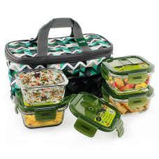 Deals, Discounts & Offers on  - Home Puff Borosilicate Glass Lunch Box -Microwavable, Airvent Lid, Premium Carry Bag (Square 320 Ml, Set of 4), Green
