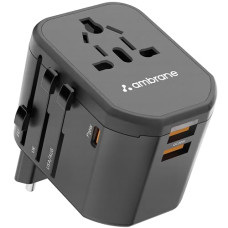 Deals, Discounts & Offers on Mobile Accessories - Ambrane Universal Travel Adapter, 4 in 1 Fast Charging; 1 Type C (20W), 2 USB (20W) & 1 AC Socket (880W) with 3 Removable pins for EU, UK and USA/AUS and Other Countries