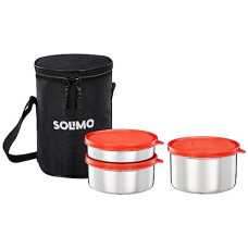 Deals, Discounts & Offers on  - Amazon Brand - Solimo Executive Lunch Box Set | Stainless Steel Containers - Set of 3 (250 ML + 400 ML + 550 ML) & Insulated Easy-to-Carry Lunch Bag