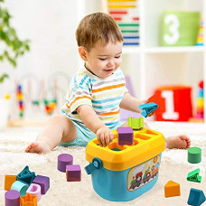 Deals, Discounts & Offers on  - Dwellinger Baby Plastic First Block Shapes and Sorter, 16 Blocks, ABCD Blocks with Other Shapes, Toys for 6 Months to 2 Years Old