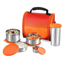 Deals, Discounts & Offers on  - CELLO Max Fresh Matiz Lunch Box, 3 Unit, Orange | Stainless Steel Lunch Box with Plastic Lid | Lunch Box with Jacket and Handle | Ideal