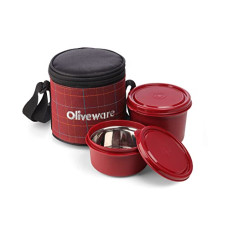 Deals, Discounts & Offers on  - SOPL-OLIVEWARE Cleo Lunch Box, Microwave Safe & Leak Proof, 2 Inner Steel Containers with BPA Free Airtight Lids (450ml & 600ml), Fabric Bag (Red)