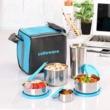 Deals, Discounts & Offers on  - CELLO Steelox Stainless Steel Lunch Box Combo 5-Unit, Blue, (Capacities - 50ml, 225ml, 375ml, 550ml, 375ml Tumbler) | Stainless Steel Lunch Box and Tumbler Set | Ideal