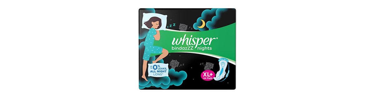 Whisper Bindazzz Night Sanitary Pads|15 thin Pads|XL+|upto 0% Leaks|40%  Longer & Wider back|Dry top sheet|Long lasting coverage|Faster  absorption|31.7