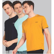 Deals, Discounts & Offers on  - M7 By MetronautPack of 3 Men Solid Round Neck Poly Cotton Navy Blue, Light Blue, Yellow T-Shirt