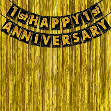 Deals, Discounts & Offers on  - Wobbox Happy Anniversary Bunting Banner Black & Golden Simar Font 1st Year with Golden Colour Foil Fringe, Happy Anniversary Decoration Item, Marriage Anniversay Decoration Item