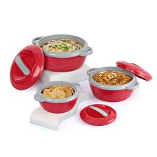 Deals and Offers on - Cello Stainless Steel Hot n Fresh Casserole Set with Inner Steel, Set of 3 (500ml, 1000ml, 1500ml), Red Deals, Discounts & Offers on - Cello Stainless Steel Hot n Fresh Casserole Set with Inner Steel, Set of 3 (500ml, 1000ml, 1500ml), Red