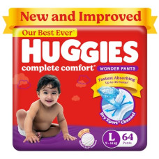 Deals, Discounts & Offers on Baby Care - Huggies Complete Comfort Wonder Pants Large (L) Size (9-14 Kgs) Baby Diaper Pants, 64 Count