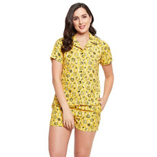 Deals and Offers on Women - Clovia Women's Rayon Printed Button Down Shirt & Short Set in Yellow Deals, Discounts & Offers on Women - Clovia Women's Rayon Printed Button Down Shirt & Short Set in Yellow
