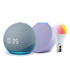 Deals and Offers on Electronics - Echo Pop (Purple) and Echo Dot (4th Gen) with Clock (Blue) combo with Wipro 9W LED Smart Bulb Deals, Discounts & Offers on Electronics - Echo Pop (Purple) and Echo Dot (4th Gen) with Clock (Blue) combo with Wipro 9W LED Smart Bulb