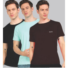 Deals, Discounts & Offers on  - M7 By MetronautPack of 3 Men Solid Round Neck Poly Cotton Black, Light Blue, Maroon T-Shirt