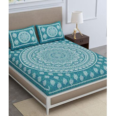 Deals, Discounts & Offers on  - HOMETALES Cotton Ethnic Printed BedSheet with 2 Pillow Cover,Seagreen