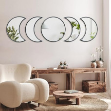 Deals, Discounts & Offers on  - Rellon Industries Wall Mirror for Living Room 5 Pieces Decorative Mirror Wooden Moon Phase Wall Mirror Stickers Wall Decoration
