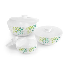 Deals, Discounts & Offers on  - CELLO Opalware Green Orchard Mixing Bowls with Lid (500ml, 1000ml, 1500ml), 3 Units, White