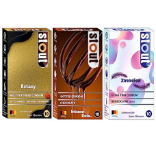 Deals, Discounts & Offers on Sexual Welness - Stout Super Climax Condom Combo For men |Dotted|ribbed|Ultra Thin (Chocolate + Strawbeery +Xtremfeel) (Pack Of 3) 10s
