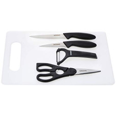 Deals and Offers on - Amazon Brand - Solimo Plastic Knives, Scissor, Peeler and Chopping Board (Black) -Set of 5 Deals, Discounts & Offers on - Amazon Brand - Solimo Plastic Knives, Scissor, Peeler and Chopping Board (Black) -Set of 5