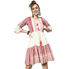 Deals, Discounts & Offers on Women - ishin Women's Cotton Cream Embroidered A-Line Dress