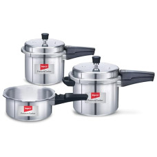 Deals and Offers on Cookware - Impex 2,3, 5 Litres Pressure Cookers Aluminium Induction Base With Outer Lid, Aluminium Pressure Cookers Combo With 5 Years Warranty (Aluminium Cooker Combo) (2 Litres, 3 Litres And 5 Litres), Silver Deals, Discounts & Offers on Cookware - Impex 2,3, 5 Litres Pressure Cookers Aluminium Induction Base With Outer Lid, Aluminium Pressure Cookers Combo With 5 Years Warranty (Aluminium Cooker Combo) (2 Litres, 3 Litres And 5 Litres), Silver