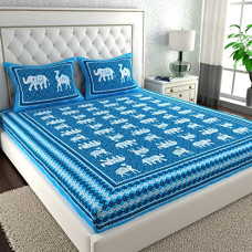 Deals, Discounts & Offers on  - La Verne140 TC 100% Cotton King Size Jaipuri Rjasathani Print Bedsheet with 2 Pillow Covers (Blue)