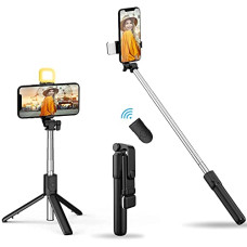 Deals, Discounts & Offers on Mobile Accessories - HOLD UP Selfie Stick with LED Fill Light, Phone Tripod Stand with Detachable Bluetooth Wireless Remote Compatible with iPhone 12/11/XR/X/Pro, Galaxy S10 and More(Black-White Lights)