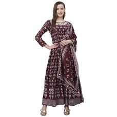 Deals, Discounts & Offers on Women - ishin Women's Brown Printed Jewel Neck Anarkali Kurta Set with Dupatta