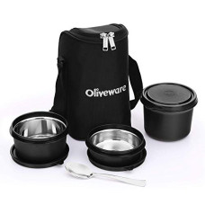 Deals and Offers on - Oliveware Boss Pro Lunch Box with Steel Spoon, Microwave Safe & Leak Proof, 3 Inner Steel Containers with BPA Free Airtight Lids (290ml, 450ml, & 600ml), Fabric Bag (Black) Deals, Discounts & Offers on - Oliveware Boss Pro Lunch Box with Steel Spoon, Microwave Safe & Leak Proof, 3 Inner Steel Containers with BPA Free Airtight Lids (290ml, 450ml, & 600ml), Fabric Bag (Black)