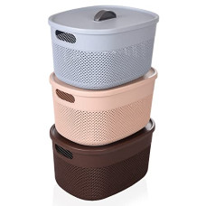 Deals and Offers on - Kuber Industries Unbreakable Small Multipurpose Storage Baskets with lid|Design-Netted|Material-Plastic|Shape-Oval|Color-Brown,Beige and Grey|Pack of 3 Deals, Discounts & Offers on - Kuber Industries Unbreakable Small Multipurpose Storage Baskets with lid|Design-Netted|Material-Plastic|Shape-Oval|Color-Brown,Beige and Grey|Pack of 3