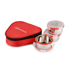 Deals, Discounts & Offers on  - oliveware Freshy Lunch Box, Leak Proof, 3 Stainless Steel Containers with BPA Free Lid (300ml) Each, Fabric Bag - Red