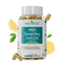 Deals, Discounts & Offers on  - Neuherbs Mini Deep Sea Omega 3 Fish Oil 1000 mg With Lemon Flavour- 2X Omega 3 With Vitamin D3 & E Promote Brain, Heart & Bone Health | No Fishy Burps/After Taste | 60 Softgels (30 Days Supply)