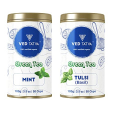 Deals, Discounts & Offers on  - VED TATVA Organic Certified Green Tea Combo of Basil(Tulsi) Green Tea + Mint Tea - Loose Leaf with Natural Leaves/Detox Green Tea/Herbal Tea - 100GMS / 50+Cups (Pack of 2)