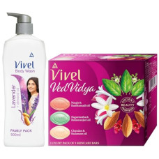 Deals and Offers on - Vivel Body Wash, Lavender & Almond Oil Shower Creme, 500 ml Pump, For women and men & Vivel VedVidya Luxury Pack of 3 Skincare Soaps Deals, Discounts & Offers on - Vivel Body Wash, Lavender & Almond Oil Shower Creme, 500 ml Pump, For women and men & Vivel VedVidya Luxury Pack of 3 Skincare Soaps