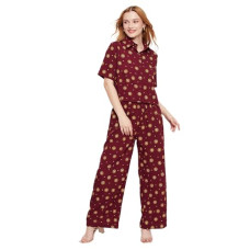 Deals, Discounts & Offers on Women - Fashfun Women's co-ord Set(Maroon Printed Collar Neck Shirt with Full Elastic Pant)