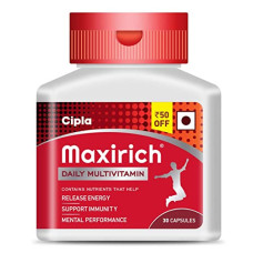 Deals and Offers on - Cipla Maxirich Daily Multivitamin (30 Capsules) For Men & Women With Essential Nutrients, Vitamins, Minerals, Anti-oxidants For Building Immunity & Energy (Bottle Pack) Deals, Discounts & Offers on - Cipla Maxirich Daily Multivitamin (30 Capsules) For Men & Women With Essential Nutrients, Vitamins, Minerals, Anti-oxidants For Building Immunity & Energy (Bottle Pack)