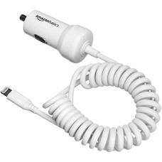 Deals, Discounts & Offers on Mobile Accessories - amazon basics Coiled Cable Lightning Car Charger, 1.5 Foot, White, MP3 Players, White