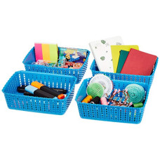 Deals and Offers on - Amazon Brand - Solimo Storage Basket, Set of 4, Small, Blue, Plastic Deals, Discounts & Offers on - Amazon Brand - Solimo Storage Basket, Set of 4, Small, Blue, Plastic