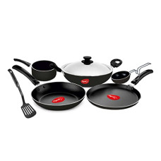 Deals and Offers on Cookware - Pigeon Favourite 7 Piece Gift Set Non-Stick Coated Comes with Fry Pan, Kadhai, Lid, Sauce Pan, Spatula, Tadka Pan and a Tawa - Gas Stove Compatible (Black) Deals, Discounts & Offers on Cookware - Pigeon Favourite 7 Piece Gift Set Non-Stick Coated Comes with Fry Pan, Kadhai, Lid, Sauce Pan, Spatula, Tadka Pan and a Tawa - Gas Stove Compatible (Black)