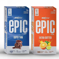 Deals and Offers on Sexual Welness - Manforce Epic Flavoured Condoms For Men (Passion With 1800 Square Dots & Desire Super Thin Silk Chocolate) With Disposable Pouch, 2x10s (Pack of 2) Deals, Discounts & Offers on Sexual Welness - Manforce Epic Flavoured Condoms For Men (Passion With 1800 Square Dots & Desire Super Thin Silk Chocolate) With Disposable Pouch, 2x10s (Pack of 2)